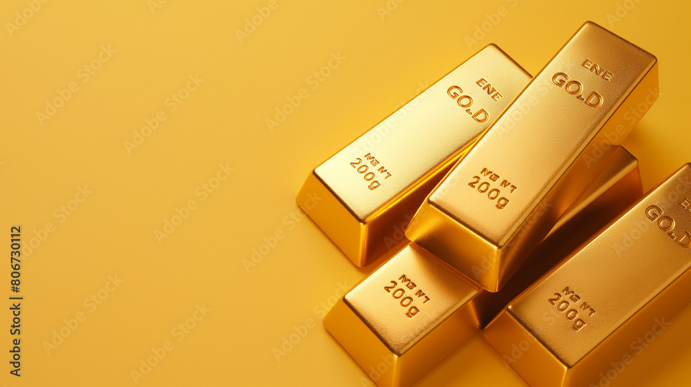 A closeup shot of shiny Gold bars and Financial concept isolated on yellow background with copy space. A closeup shot of shiny Gold bars and Financial concept isolated on yellow background with copy space.