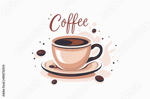Cup with coffee on a white background. Coffee beans near a cup of aromatic black coffee.