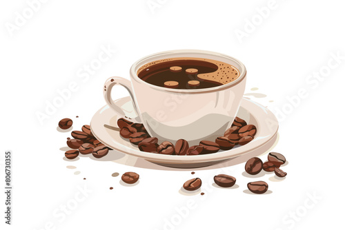 Cup with coffee on a white background. Coffee beans near a cup of aromatic black coffee.
