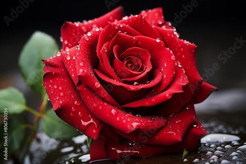 A single  perfect red rose  captured in all its beauty. The velvety petals are covered in raindrops  which sparkle like diamonds in the light.