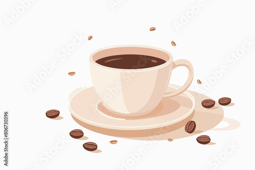 Cup with coffee on a white background. Coffee beans near a cup of aromatic black coffee.