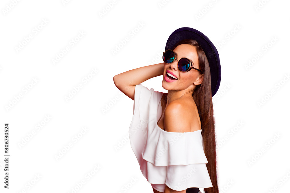 Profile side view portrait of cool bright cheerful positive fascinating attractive lovable straight-haired lady in white off-the-shoulders ruffles top isolated over pastel red background Profile side view portrait of cool bright cheerful positive fascinating attractive lovable straight-haired lady in white off-the-shoulders ruffles top isolated over pastel red background