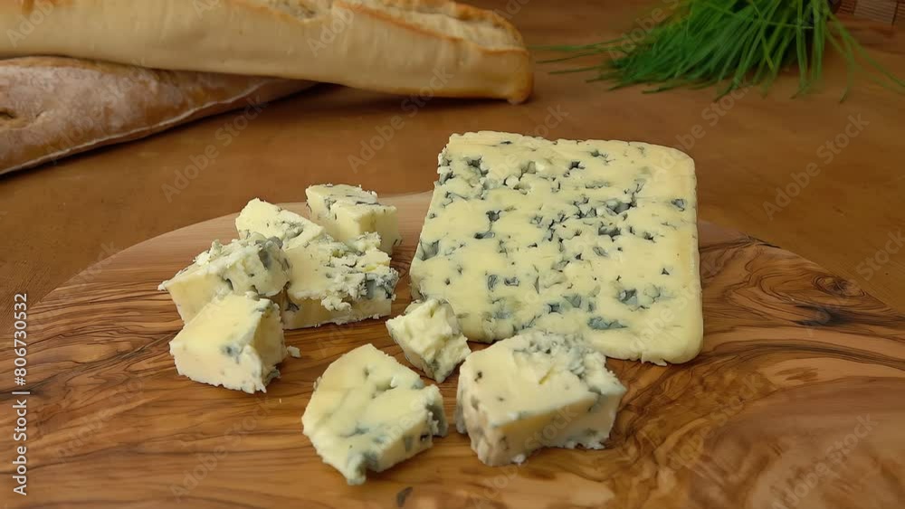 Cubes of blue Roquefort cheese. Circular movement of camera