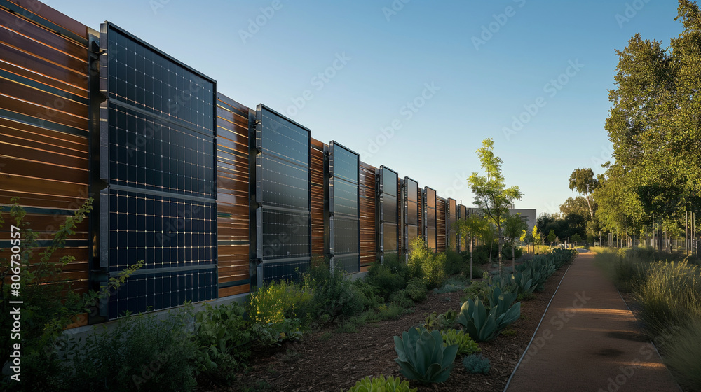 Within the confines of an educational campus, a fence adorned with vertical solar panels serves as a hands-on learning opportunity for students, showcasing innovative renewable ene Within the confines of an educational campus, a fence adorned with vertical solar panels serves as a hands-on learning opportunity for students, showcasing innovative renewable ene