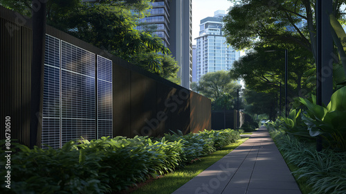 Against the backdrop of a modern urban environment, a vertical solar panel fence installation captures the attention of passersby, serving as both a boundary marker and a symbol of