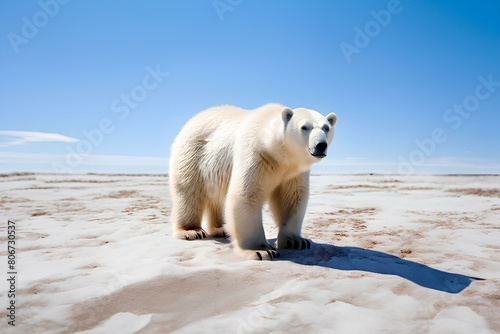 Polar bear walking on bare dry ground on sunny hot day. © R-CHUN