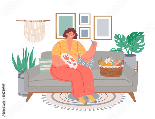 Woman embroidering. Relax at home. People do hobby in home. Vector of woman at home, hobby craft, embroider leisure design illustration