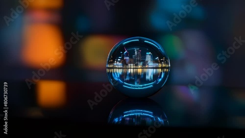 A crystal ball reflects a cityscape at night with vibrant bokeh lights in the background, creating an inverted image on a glossy surface. photo