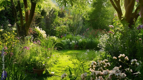 Lush English garden in June.