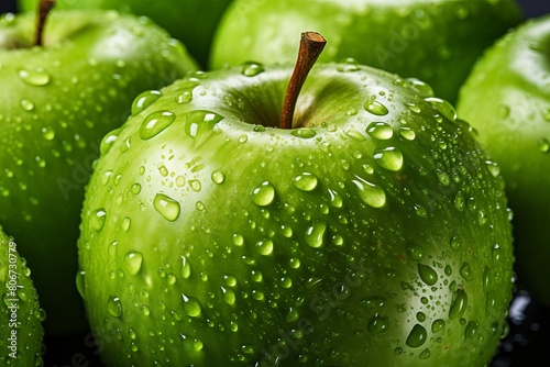 Take a close-up picture of a Granny Smith apple with water droplets on its skin.