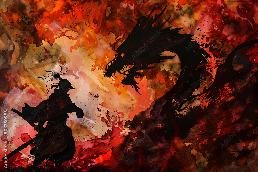 Fototapeta premium Epic Confrontation Between Samurai and Dragon in Mythical Art