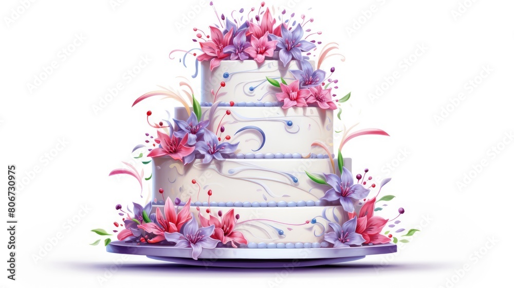 Celebration cake cartoon illustration - Generative AI. Tall, cake, layer, flowers. Celebration cake cartoon illustration - Generative AI. Tall, cake, layer, flowers.