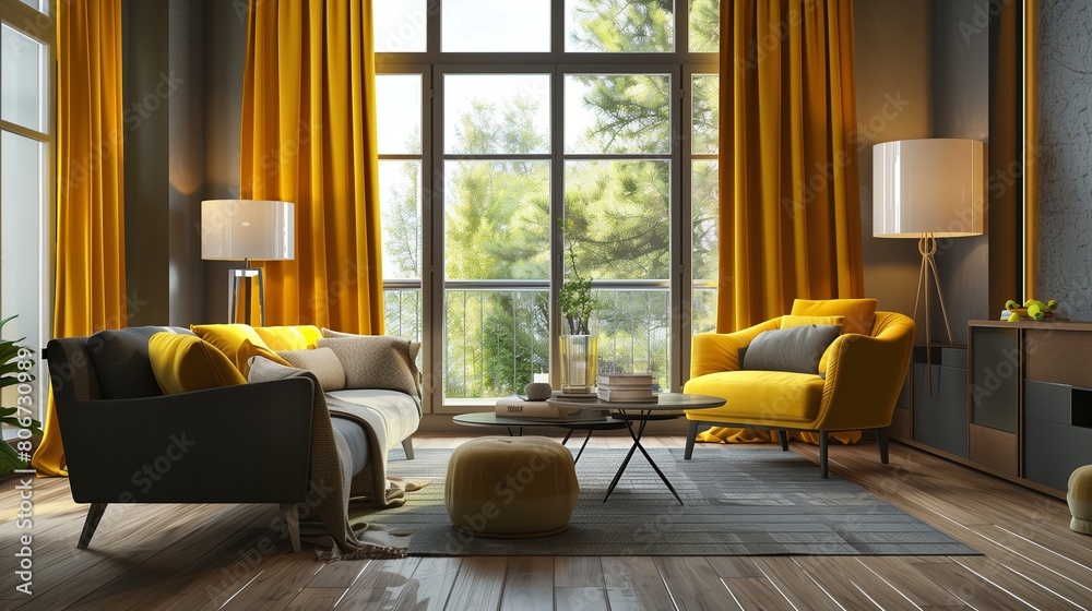 Fototapeta premium Mustard yellow curtains with slate gray trim against slate gray walls and mustard yellow accent furniture pieces.