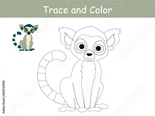 Cute lemur, african animal trace and coloring book or coloring page. Vector illustration