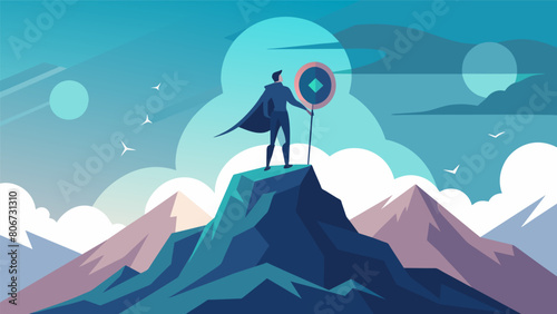 A lone figure standing atop a mountain their shield of Stoic virtues glimmering in the sun as they contemplate lifes challenges.. Vector illustration