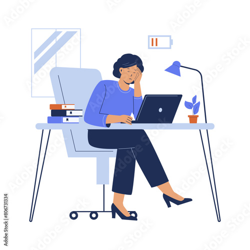 Overwhelmed woman on laptop while working. Flat vector illustration