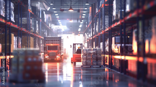 Against a backdrop of industrial activity  forklifts zip through the warehouse aisles  transporting pallets of goods to and from shelves while a distribution truck in motion prepar