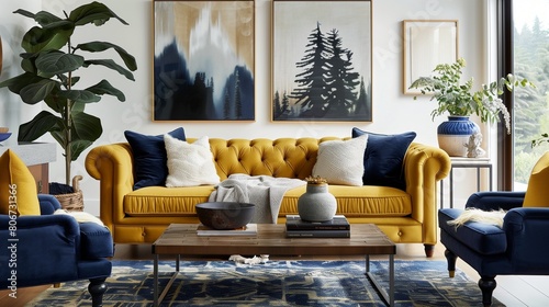 Mustard yellow sofa with navy blue accent chairs and navy blue area rug in a living room. photo