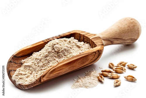 A front-facing wooden spoon containing Organic Wheat Flour (Triticum) on a white background. photo