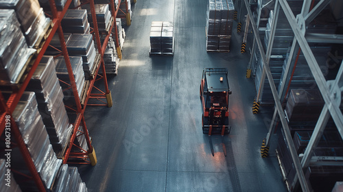 Within the bustling warehouse environment, pallets of merchandise are moved with precision by industrial forklifts, while a distribution truck in motion awaits its turn to be loade