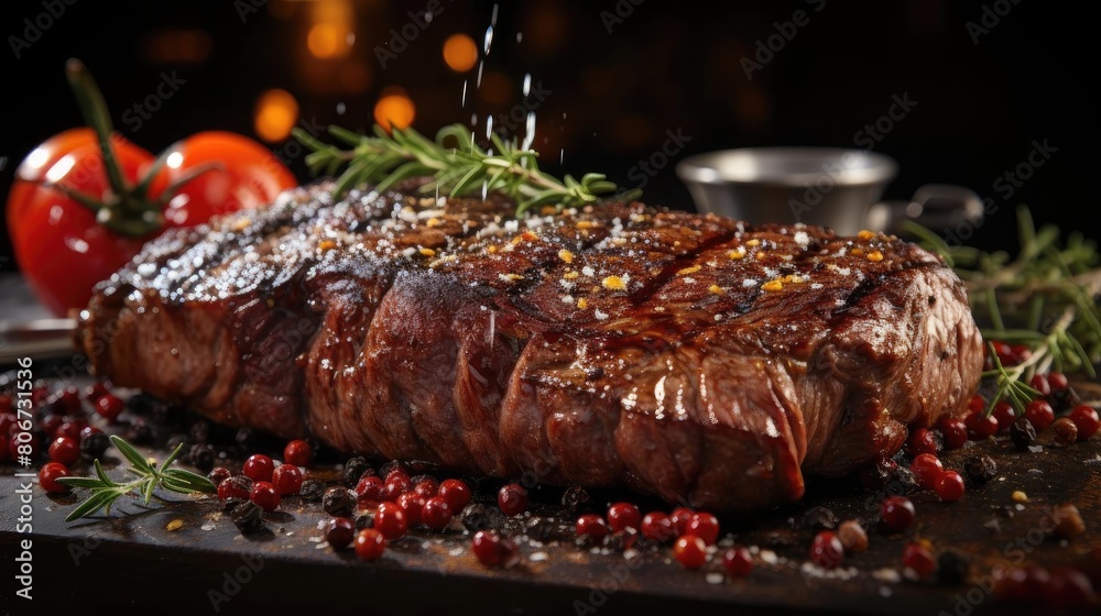 Grilled steak with melted barbeque sauce on a black and blurry background