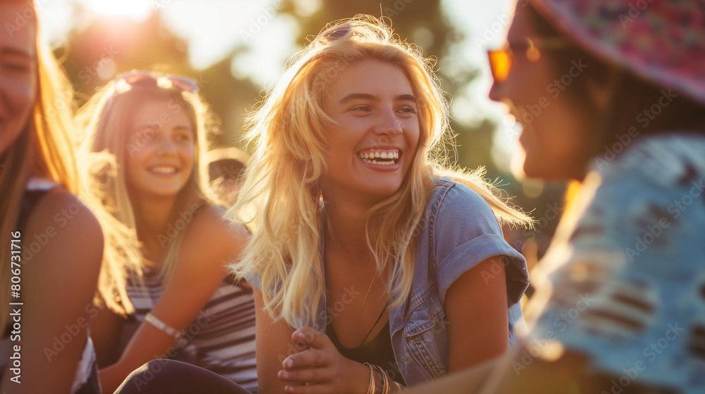 Bathed in warm sunlight, a group of young and trendy friends gathers on a bench outdoors, chatting and laughing together, with a smiling blonde girl at the center of the joyful cam