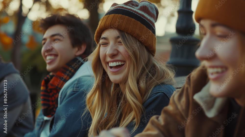Against the backdrop of a scenic park, a group of young and trendy individuals gathers on a bench, their laughter ringing out joyfully as they enjoy each other's company, with a be Against the backdrop of a scenic park, a group of young and trendy individuals gathers on a bench, their laughter ringing out joyfully as they enjoy each other's company, with a be