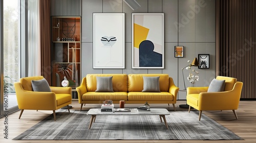 Mustard yellow sofa with slate gray accent chairs and slate gray area rug in a living room.