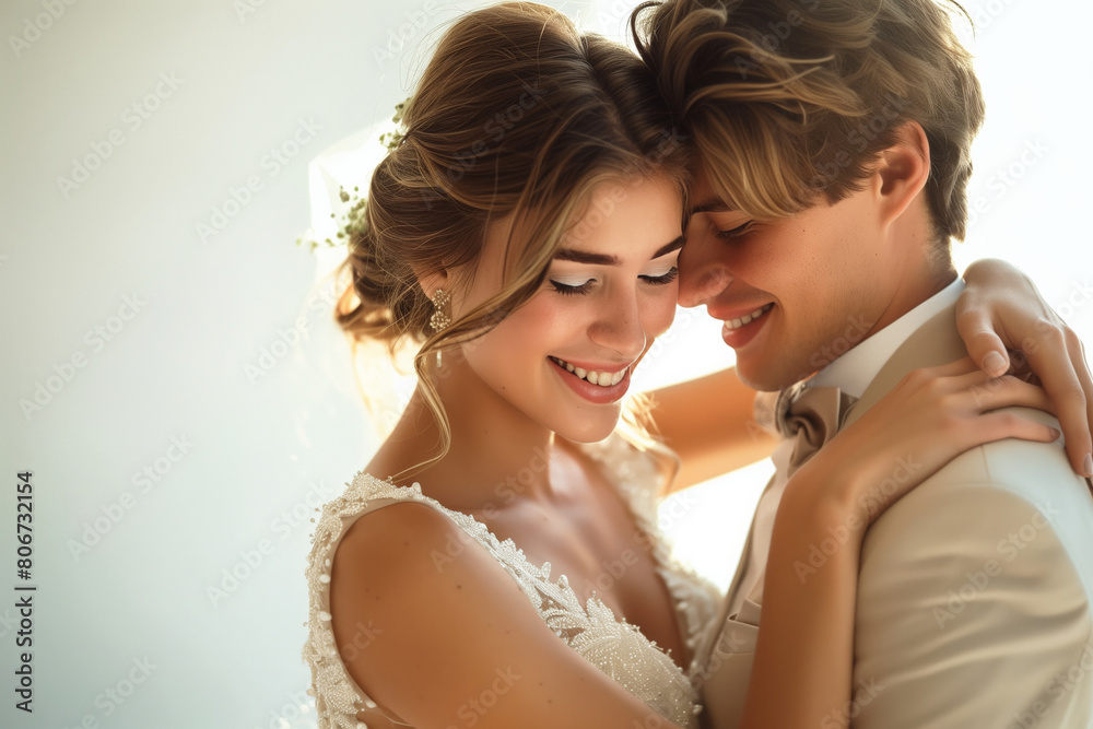Bride and Groom Sharing a Heartwarming Smile Together. Bride and Groom Sharing a Heartwarming Smile Together.