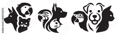 A stylized logo with a dog, a parrot and a cat for a veterinary clinic, pharmacy, store.