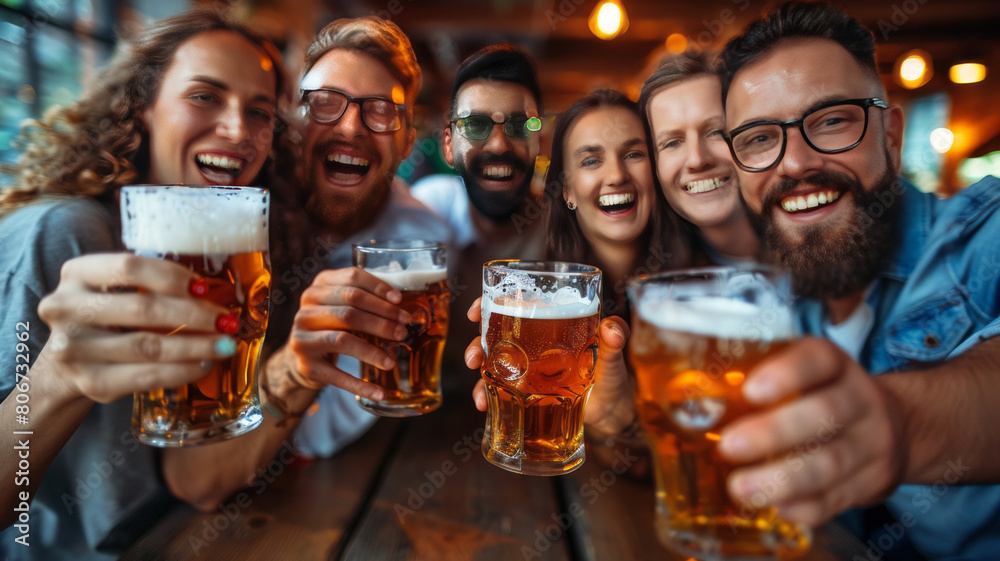 group of people cheering and drinking beer at bar pub table,generative ai group of people cheering and drinking beer at bar pub table,generative ai