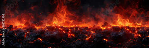 Halloween molten lava texture background. Burning fire coles concept of armageddon hell. Fiery lava and rock backdrop with atmospheric light, grunge glowing texture photo
