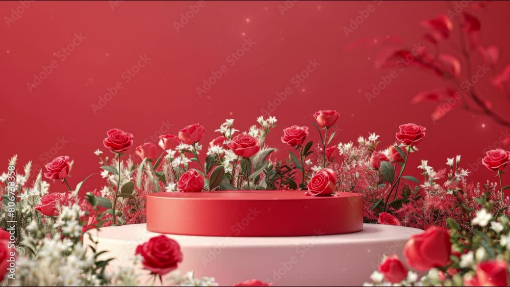 Podium background flower rose product red 3d spring table beauty stand display nature white. Garden rose floral summer background podium cosmetic valentine easter field scene gift red day romantic
