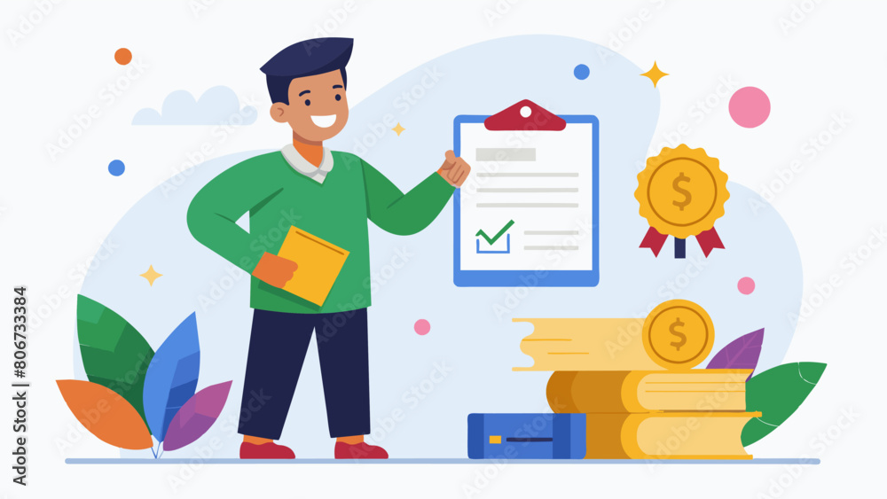 An image of a student receiving a financial literacy certificate signifying their completion and understanding of the course.. Vector illustration An image of a student receiving a financial literacy certificate signifying their completion and understanding of the course.. Vector illustration