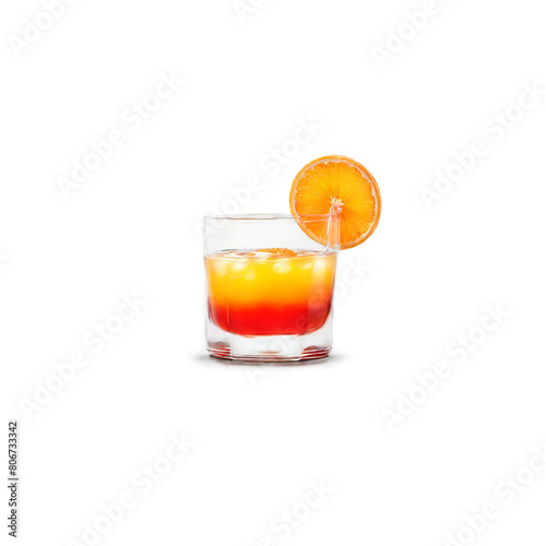 Tequila sunrise with grenadine syrup and orange slice suspended in layers Food and culinary concept