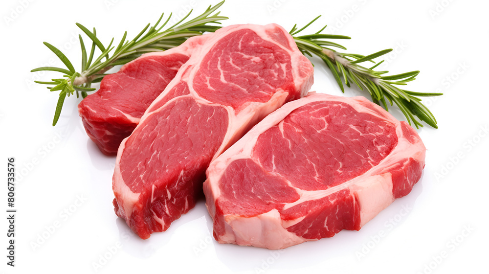 Raw beef steak with sprigs of rosemary on white background