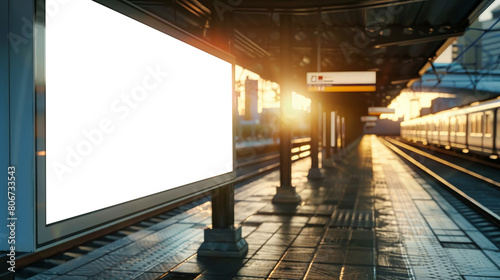 A subway station in a modern city with a passing train. A billboard advertising mockup is visible in the background