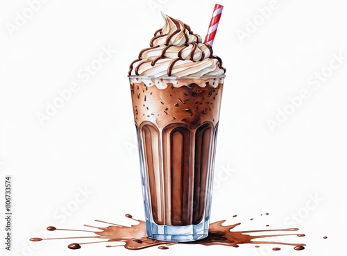 Drawing of a glass with a chocolate milkshake and drinking straw on a white background