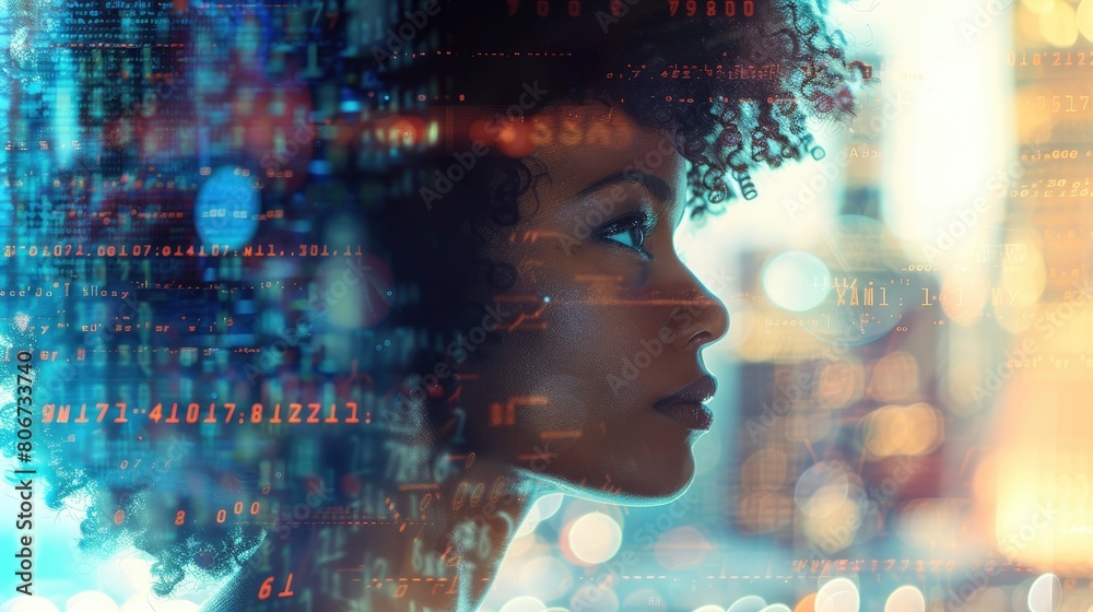 A black woman in profile with computer code and data visualizations overlaying her face, overlaying digital elements A black woman in profile with computer code and data visualizations overlaying her face, overlaying digital elements