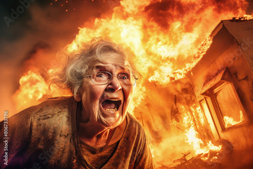 An elderly woman screams in front of a blazing house, the flames reflecting in her eyes as she witnesses the destruction caused by the fire
