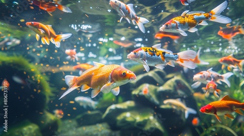 A vibrant photo of ornamental orange fish swimming in a clear pond showcasing the beauty of Asian Japanese marine life.