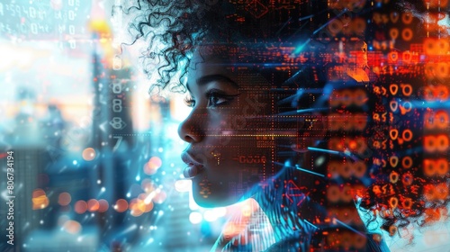  A black woman in profile with computer code and data visualizations overlaying her face  overlaying digital elements