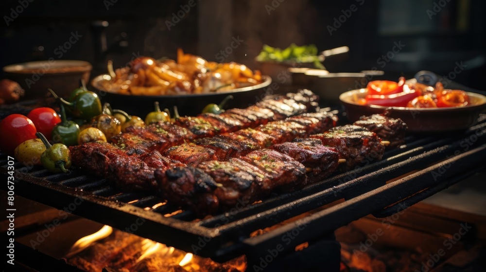 Realistic grilled barbeque with melted barbeque sauce and cut vegetables, black and blur background