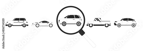 Choosing car for rent black and white 2D line cartoon objects. Using magnifying glass to check autos isolated line vector elements white background. Vehicle online monochromatic flat spot illustration