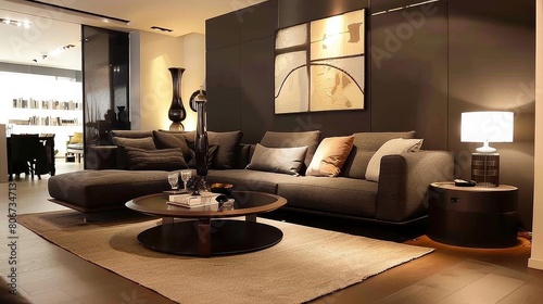 minimalist living room with reading nook featuring a black chair  round wood table  and brown pillows the room is illuminated by two lamps  one on the table and one on the