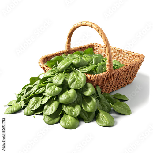 Spinach spinacia oleracea green leaves and bunches whirling over rustic wicker basket misty air Food photo
