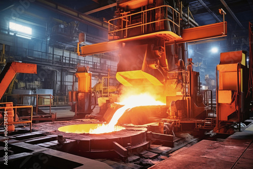 A bustling metallurgical plant filled with towering steel structures and machinery, creating a mesmerizing symphony of industry and production