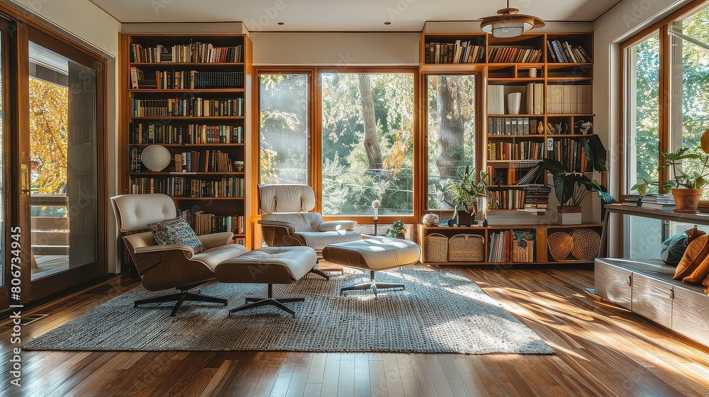 minimalist living room with reading nook featuring a white chair, brown chair, and blue pillow on a hardwood floor a large window provides natural light, while a potted green plant minimalist living room with reading nook featuring a white chair, brown chair, and blue pillow on a hardwood floor a large window provides natural light, while a potted green plant