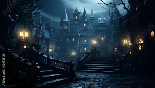 Mysterious castle at night in fog. Halloween concept. 3D Rendering