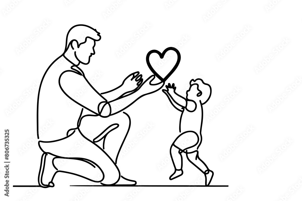 continuous one black line drawing father and son playing together and holding heart shape doodle father day concept vector on white background continuous one black line drawing father and son playing together and holding heart shape doodle father day concept vector on white background